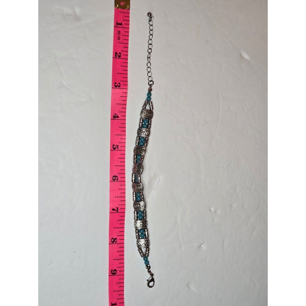 Silver Tone Bracelet Adjustable Length with Teal Beads and S Design - Picture 6 of 6